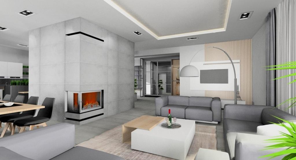 Projekt salon z kuchnią i jadalnią, aranżacja nowoczesnego wnętrza, nowoczesna aranżacja ściany w drewnie, kominek, beton